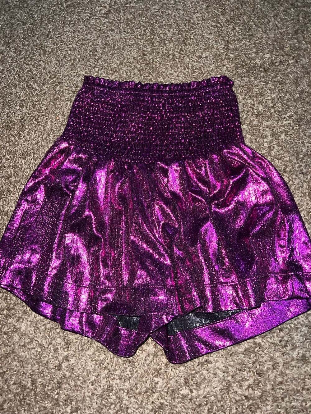 Purple Metallic Shiny Smocked Waist Flowy Shorts